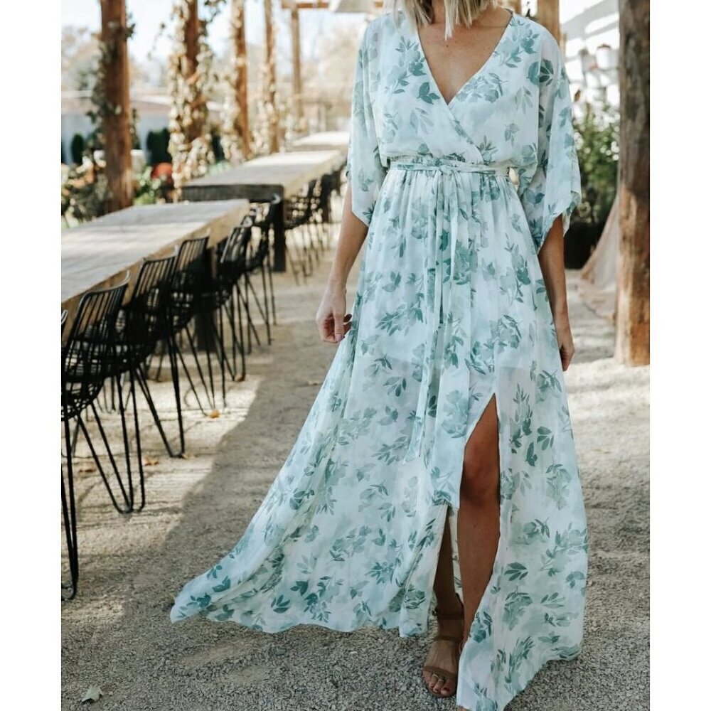 Baltic Born Kia Kimono Short Sleeve  Maxi Dress Sage Floral Size XS